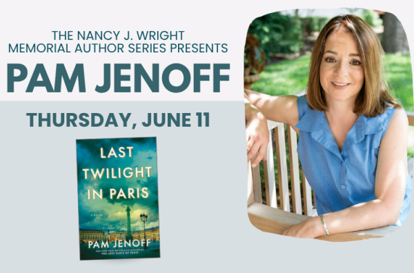 Photo of Author Pam Jenoff next to an image of her book Last Twilight in Paris for an Author Talk Event on June 11.