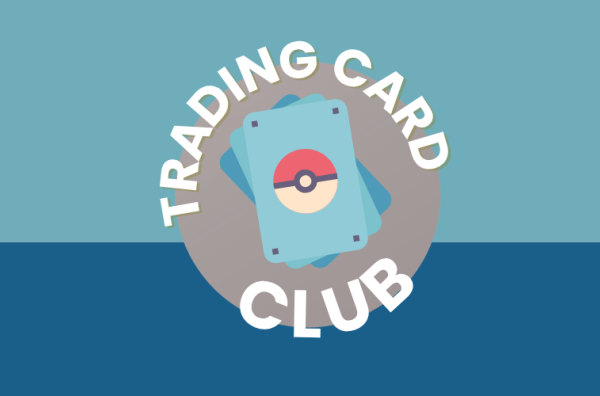 Graphic design with blue background and image of a deck of cards, including a Pokemon Ball on the front and text, "Trading Card Club".