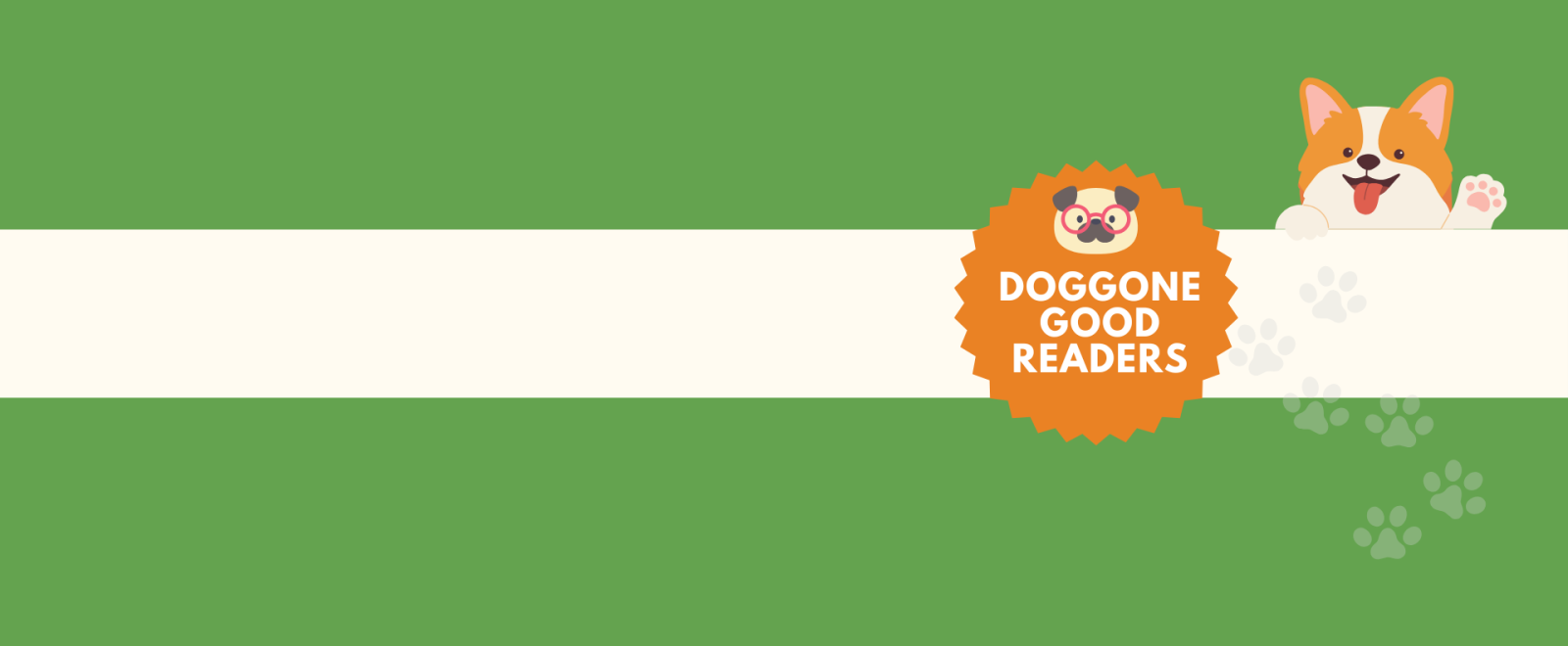Graphic design image of Corgi Dog Waving "hello" for a children's program called Doggone Good Readers, where children get reading practice with therapy dogs.