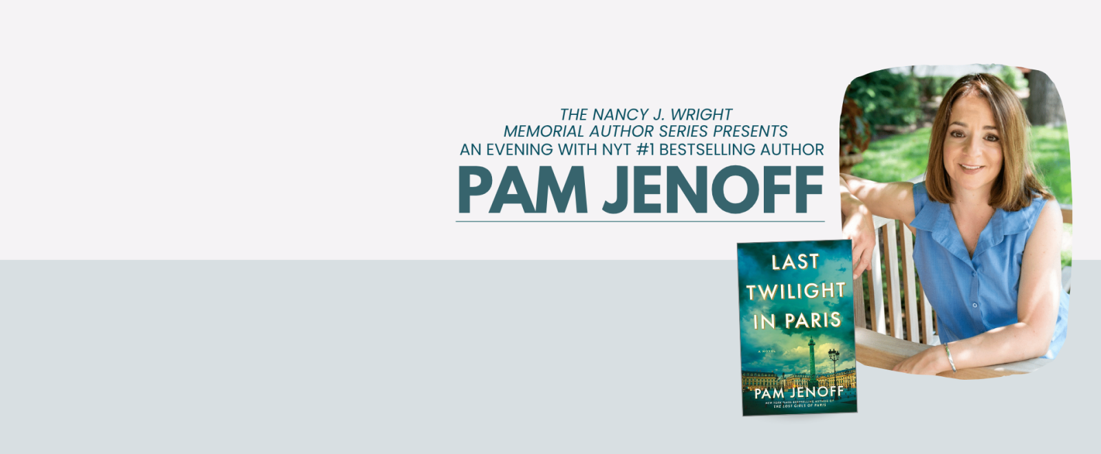 Photo of author Pam Jenoff and the cover of her book The Last Twilight in Paris for an author talk event at Penn State Abington on June 11.